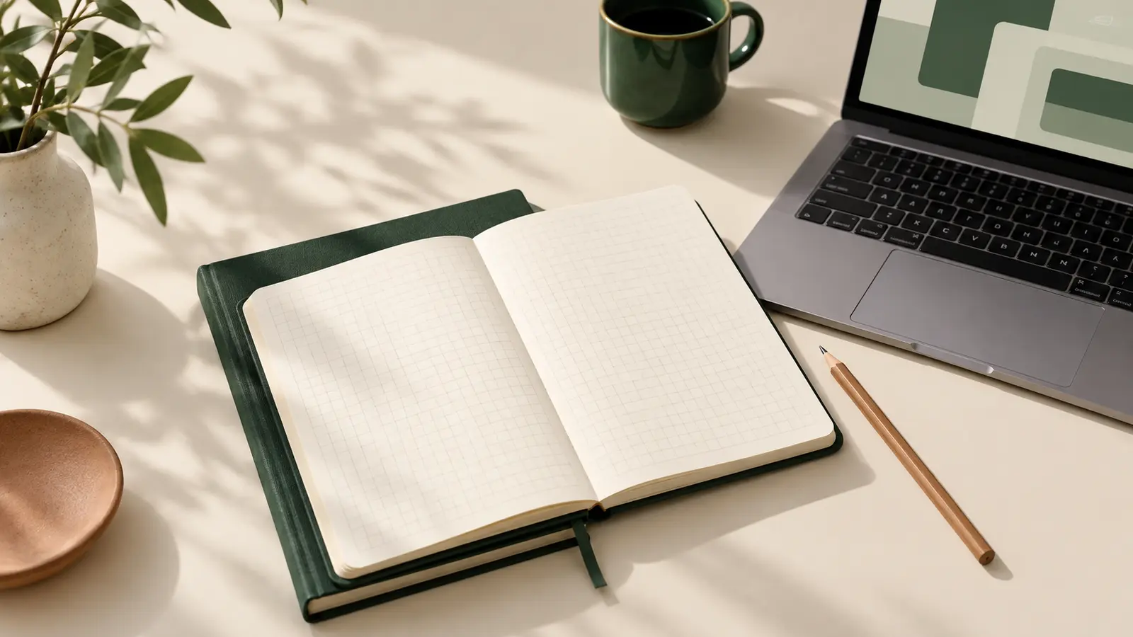 An illustrative study workspace with an open notebook and laptop